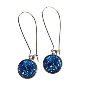 Gold Tone Blue Crystal Dangle Earrings Faux Druzy Gorgeous Sparkling Jewelry